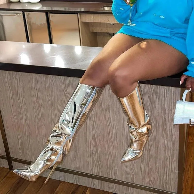 Metallic Leather Knee High Stiletto Boots