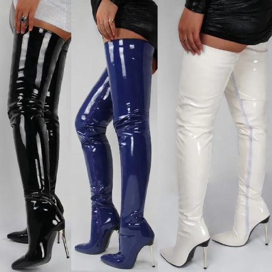 Ladies Patent Leather Over The Knee High Heel Boots